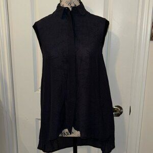 AllSaints Button Down Blouse Tunic Sleeveless Navy Striped Sheer High-Low